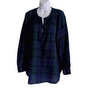Ann Taylor Loft Tartan Academia Soft Tunic Top Green & Navy Wm L Blouse